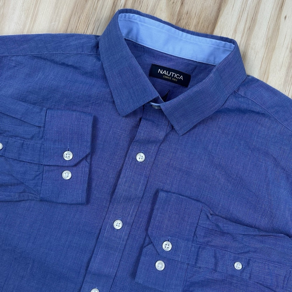 Nautica Men's Long Sleeve Solid Blue Button Shirt Large 16.56 32/33‎ Preppy
